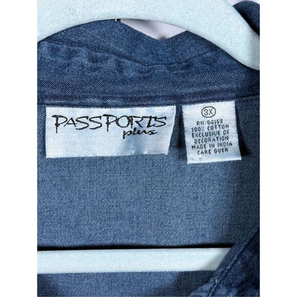 Vtg Passports Plus Embroidered Shirt Womens 3X Blue Christmas Holiday Cottagecor - Picture 3 of 9